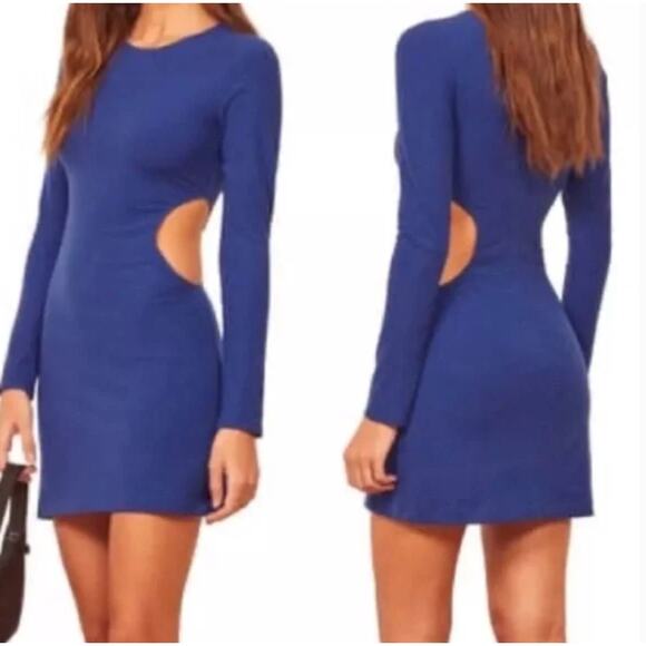 REFORMATION Kensy Knit Mini Dress Rib Stretch Cutout Royal Blue Sz S {Z54} - Picture 4 of 8